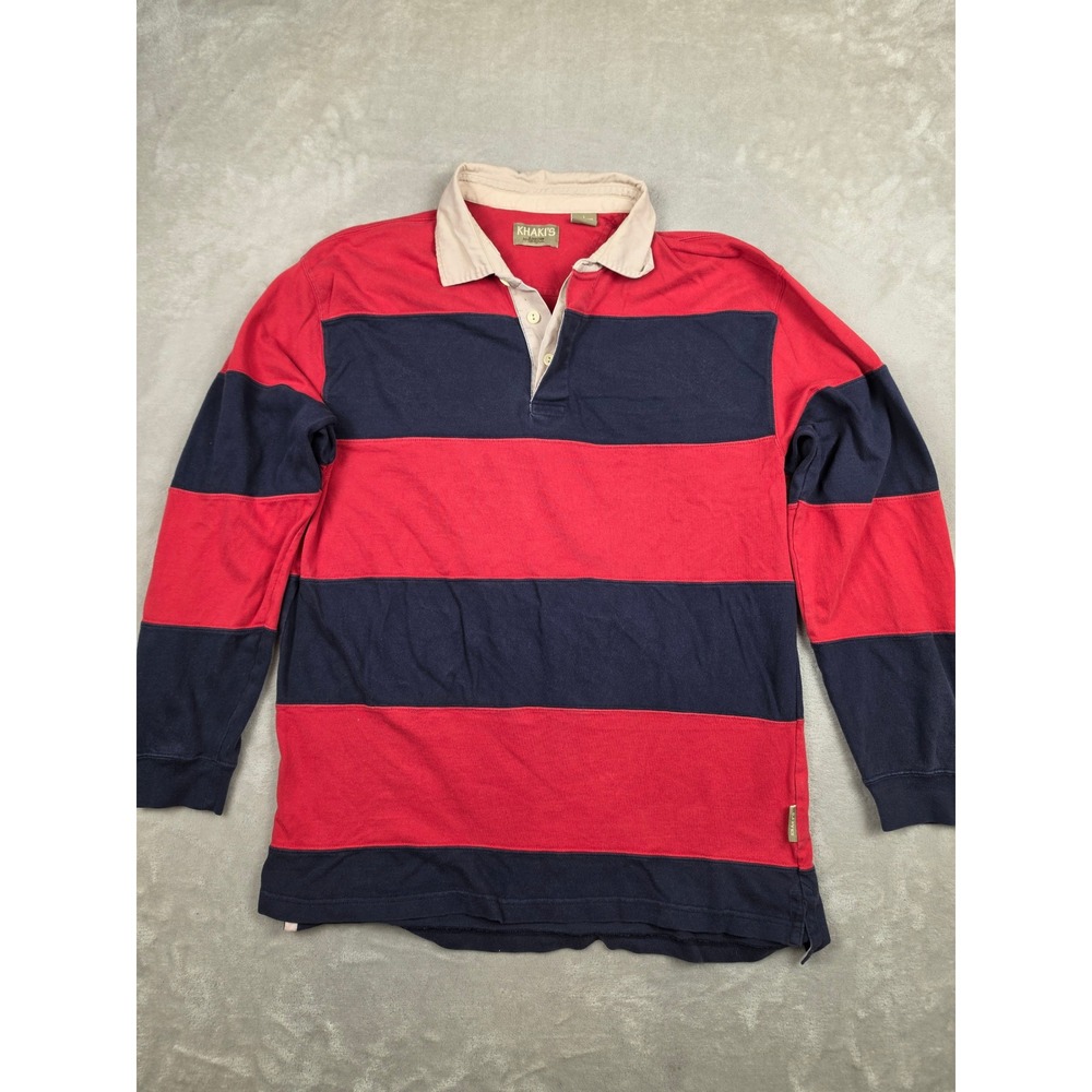 Vintage Khakis by Arrow Rugby Shirt Mens L Red Blue Striped Long Sleeve Polo